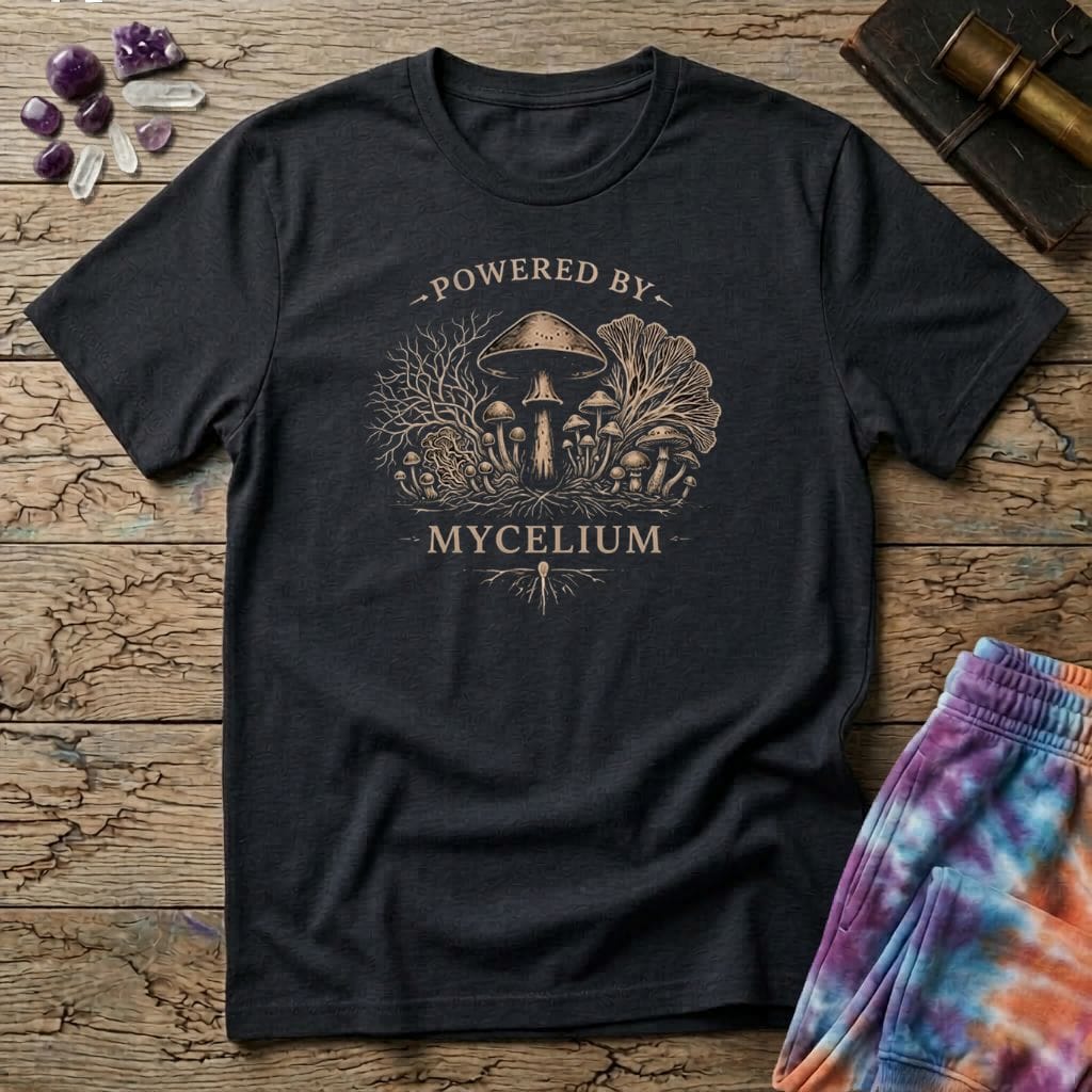 Printify T-Shirt Powered By Mycelium Mushroom T-Shirt Mushroom Magic Mushroom T-Shirt