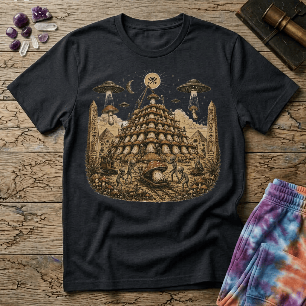 Printify T-Shirt Pyramid Building Aliens Mushrooms T-Shirt Mushroom Magic Mushroom T-Shirt