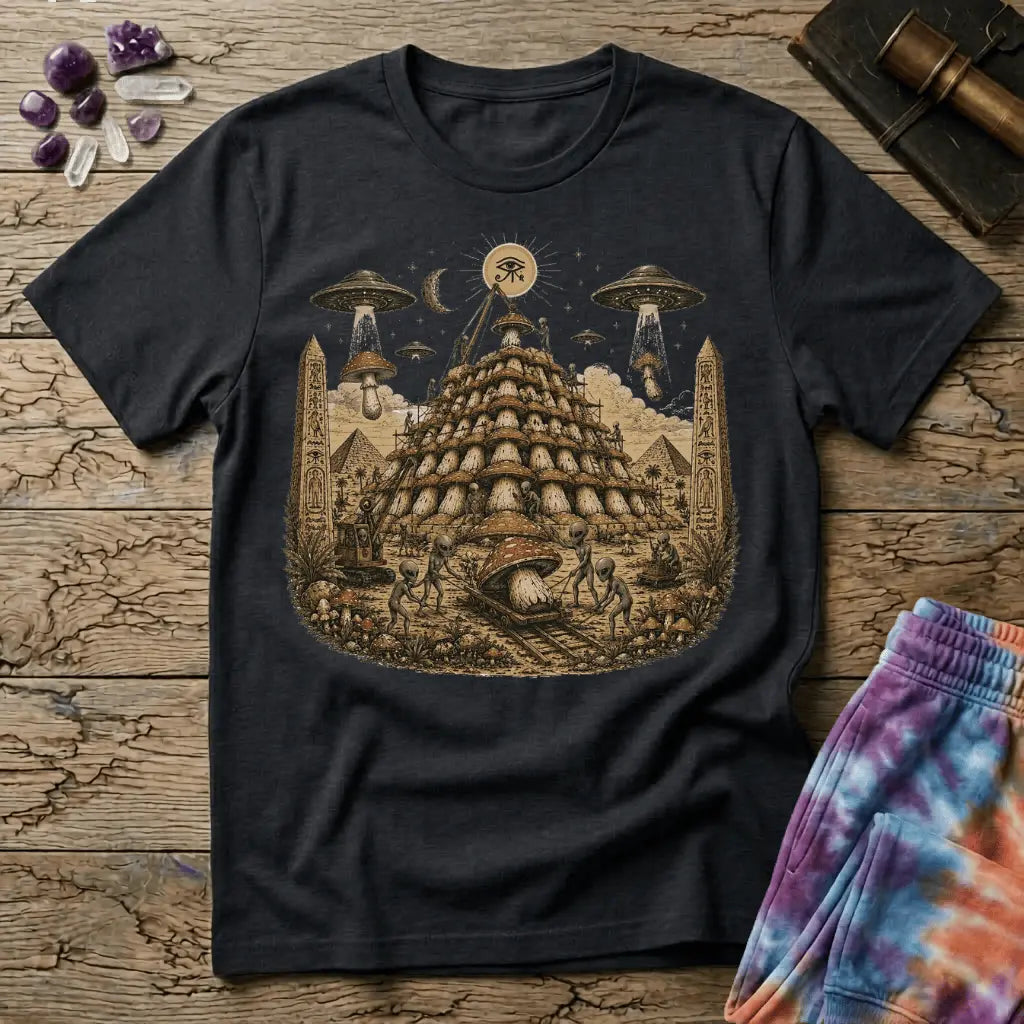 Printify T-Shirt Pyramid Building Aliens Mushrooms T-Shirt Mushroom Magic Mushroom T-Shirt