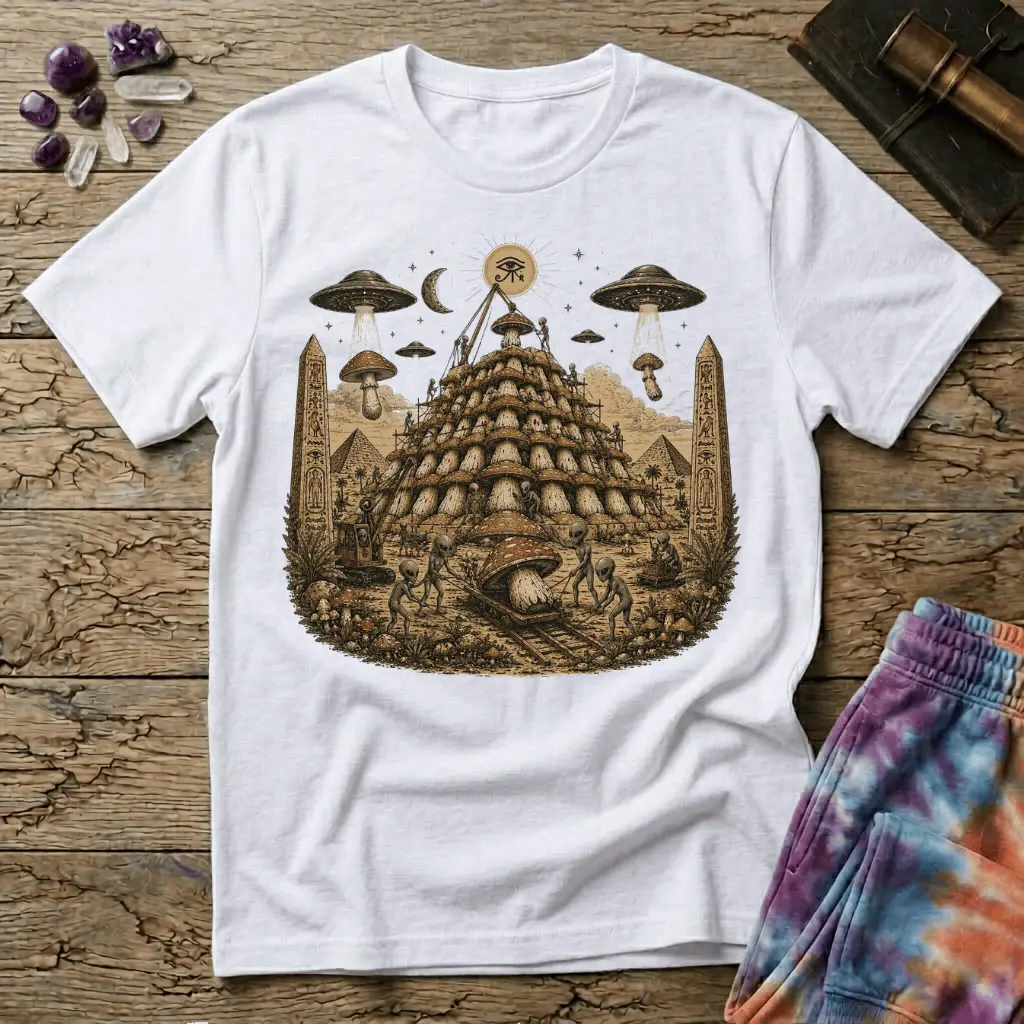 Printify T-Shirt Pyramid Building Aliens Mushrooms T-Shirt Mushroom Magic Mushroom T-Shirt
