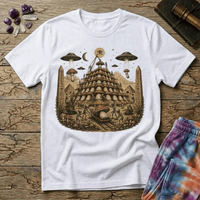 Printify T-Shirt Pyramid Building Aliens Mushrooms T-Shirt Mushroom Magic Mushroom T-Shirt