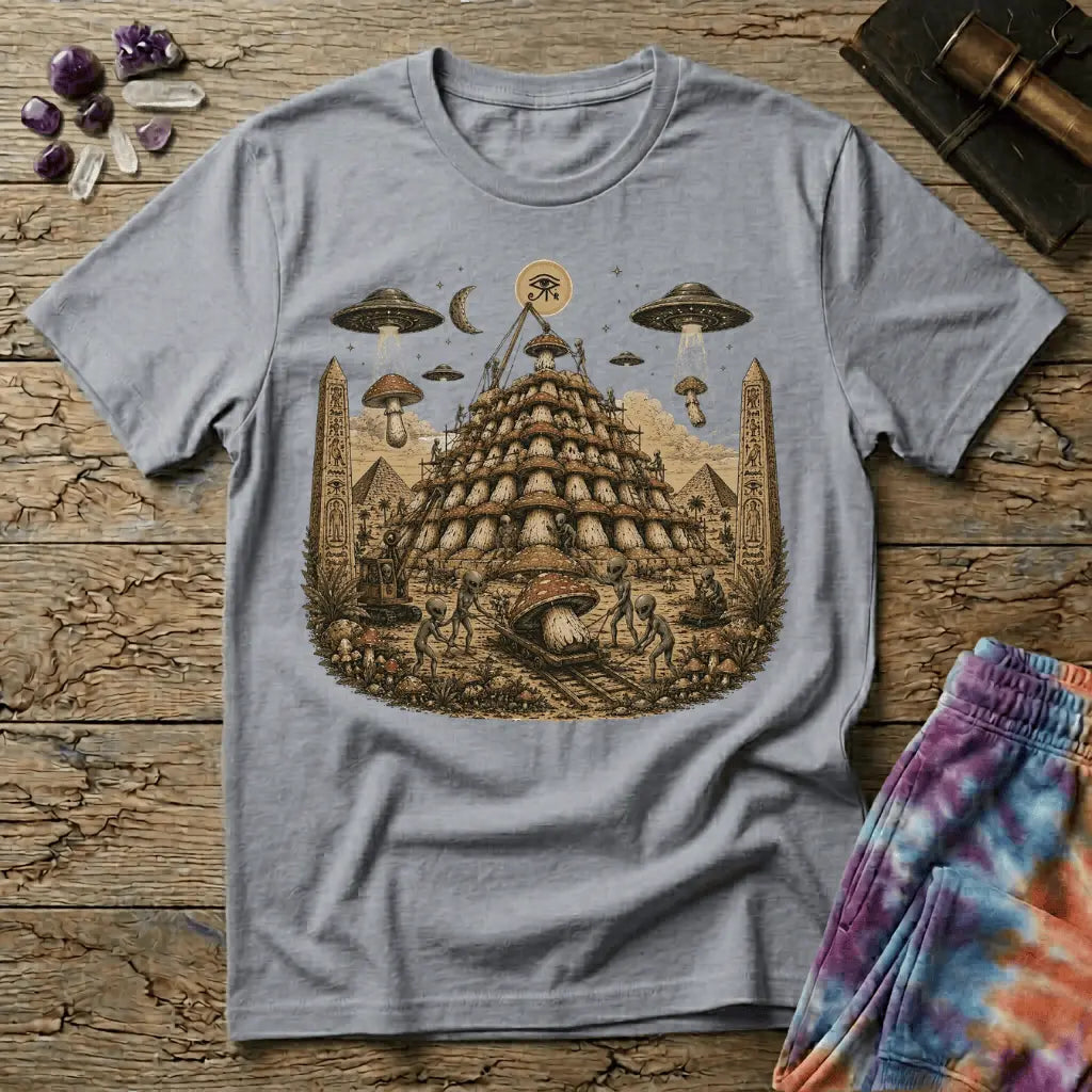Printify T-Shirt Pyramid Building Aliens Mushrooms T-Shirt Mushroom Magic Mushroom T-Shirt
