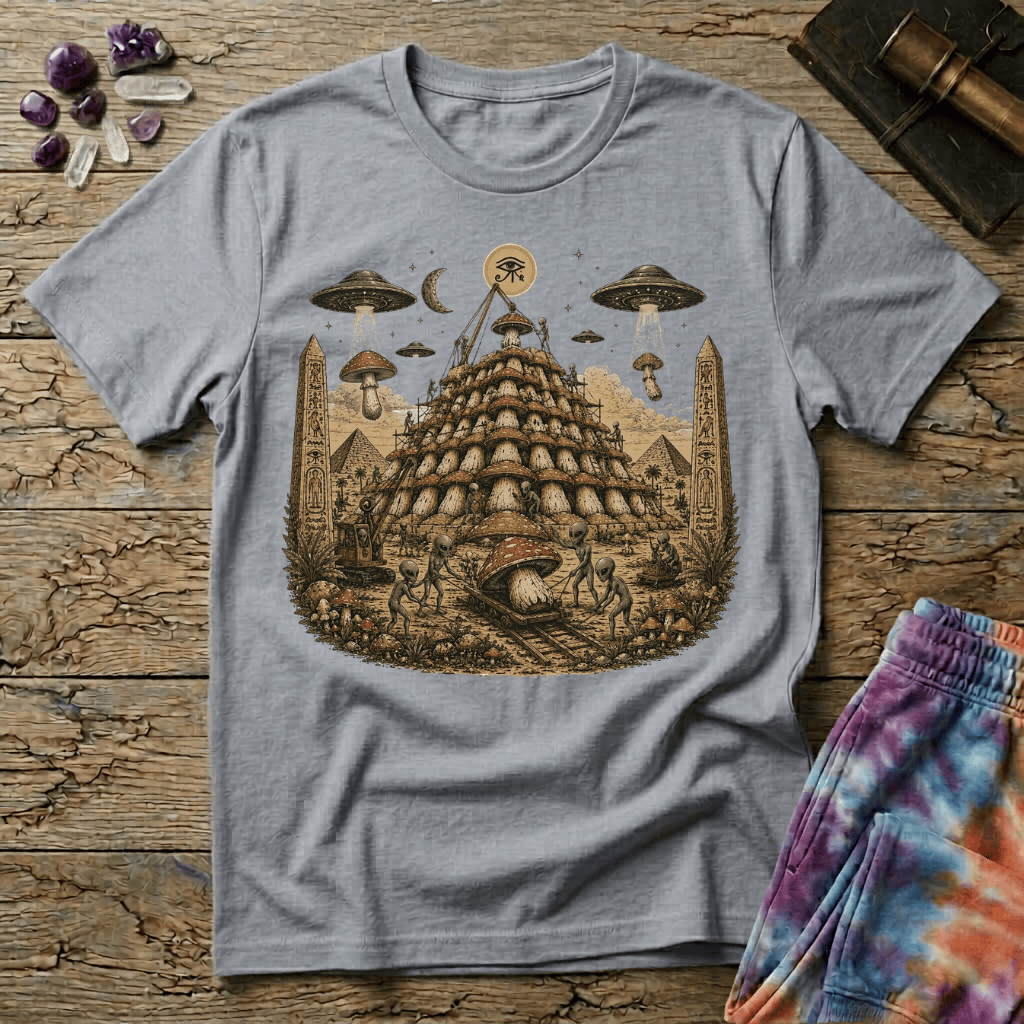 Printify T-Shirt Pyramid Building Aliens Mushrooms T-Shirt Mushroom Magic Mushroom T-Shirt