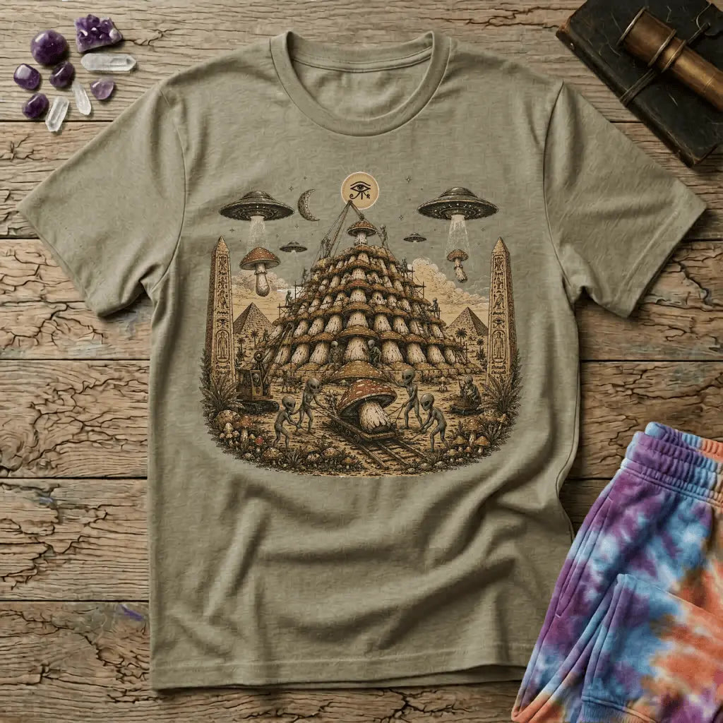 Printify T-Shirt Pyramid Building Aliens Mushrooms T-Shirt Mushroom Magic Mushroom T-Shirt