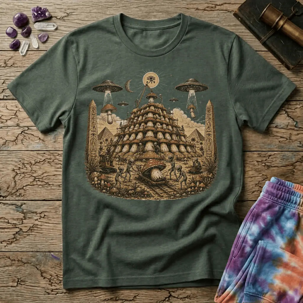 Printify T-Shirt Pyramid Building Aliens Mushrooms T-Shirt Mushroom Magic Mushroom T-Shirt