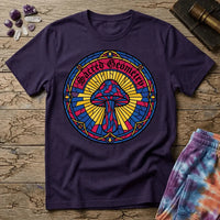Interlocking sacred geometry patterns wrapping a mushroom cap in a symmetrical design, on a unisex t-shirt