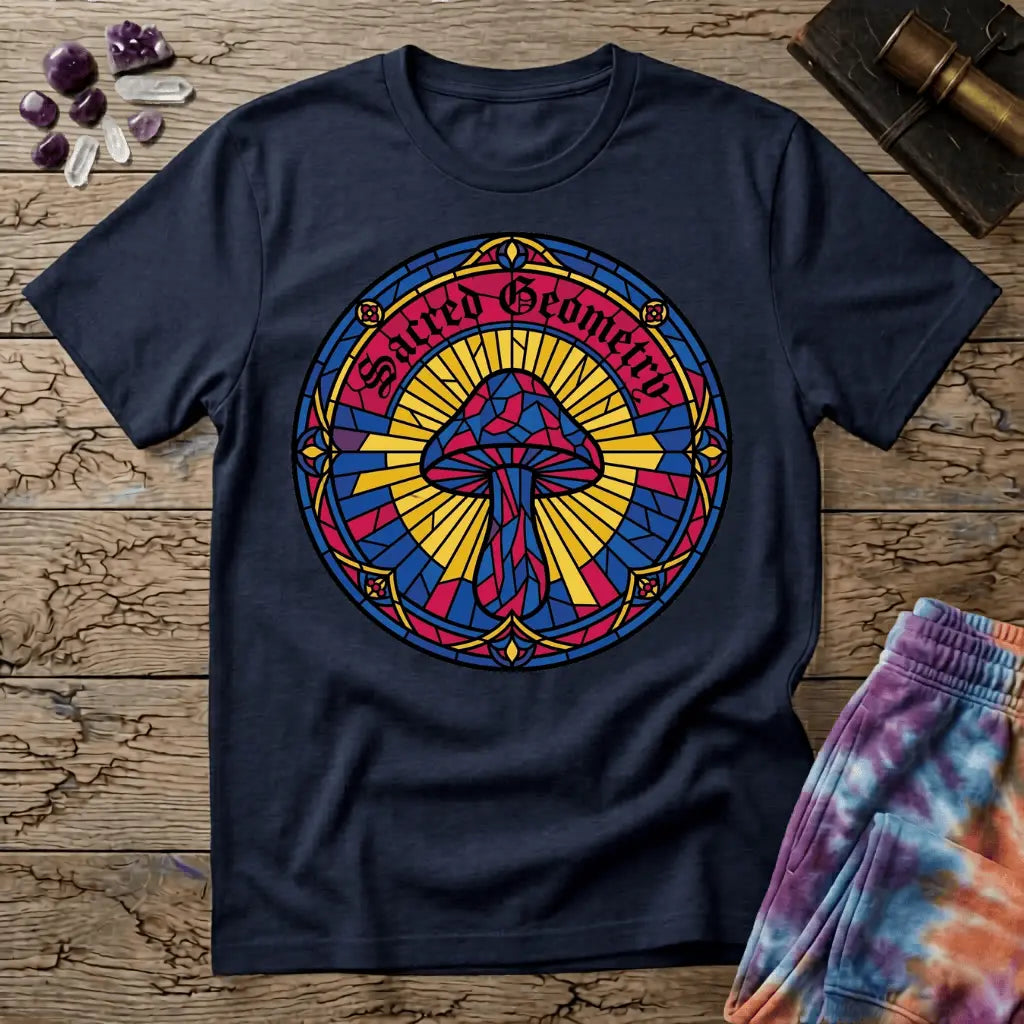 Interlocking sacred geometry patterns wrapping a mushroom cap in a symmetrical design, on a unisex t-shirt