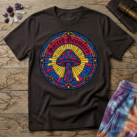 Interlocking sacred geometry patterns wrapping a mushroom cap in a symmetrical design, on a unisex t-shirt