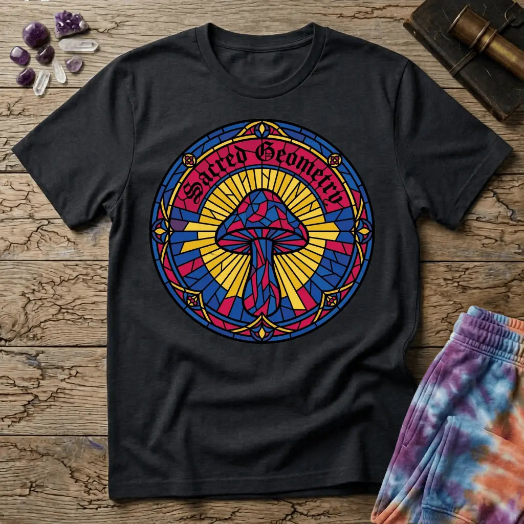 Interlocking sacred geometry patterns wrapping a mushroom cap in a symmetrical design, on a unisex t-shirt