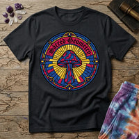 Interlocking sacred geometry patterns wrapping a mushroom cap in a symmetrical design, on a unisex t-shirt