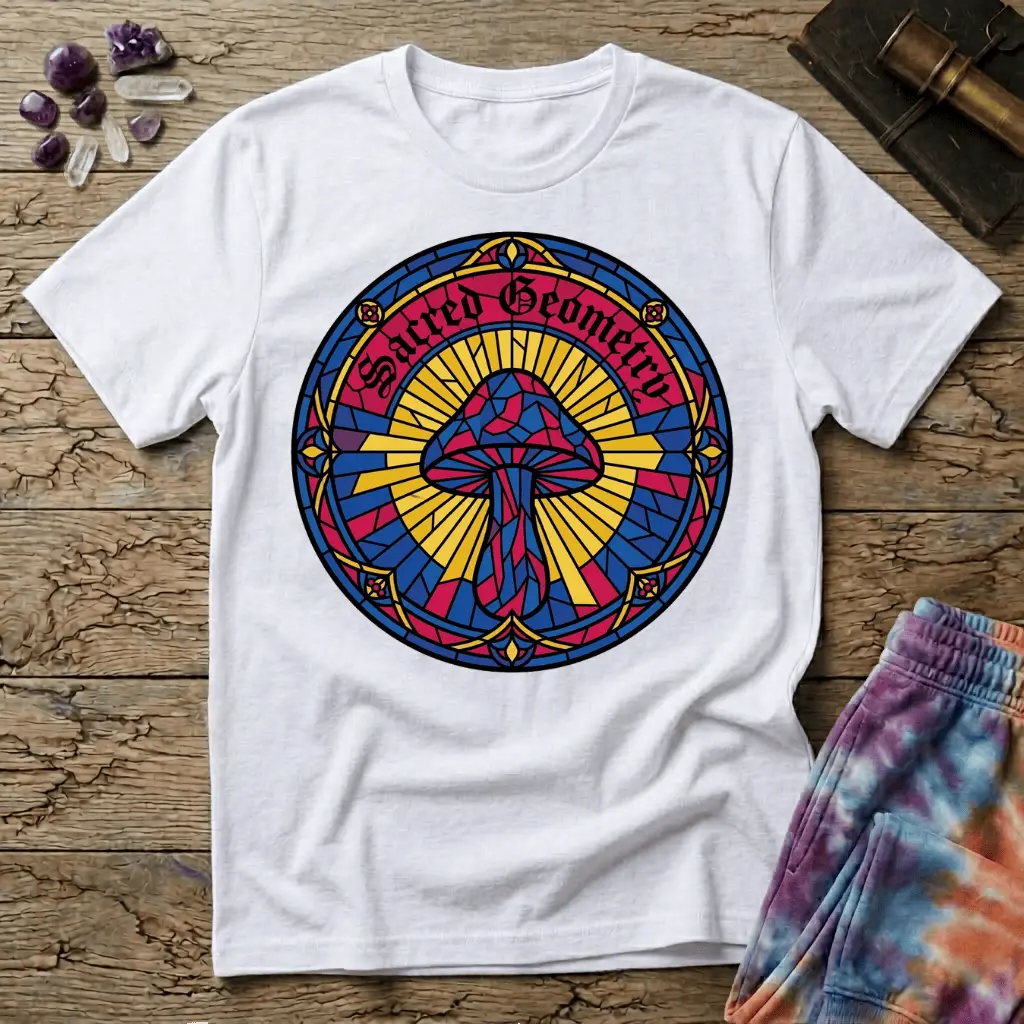 Interlocking sacred geometry patterns wrapping a mushroom cap in a symmetrical design, on a unisex t-shirt