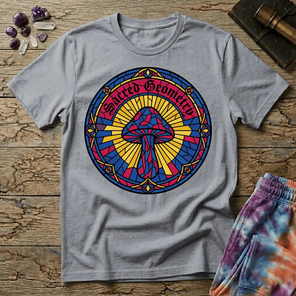 Interlocking sacred geometry patterns wrapping a mushroom cap in a symmetrical design, on a unisex t-shirt