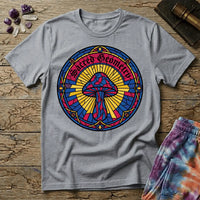 Interlocking sacred geometry patterns wrapping a mushroom cap in a symmetrical design, on a unisex t-shirt