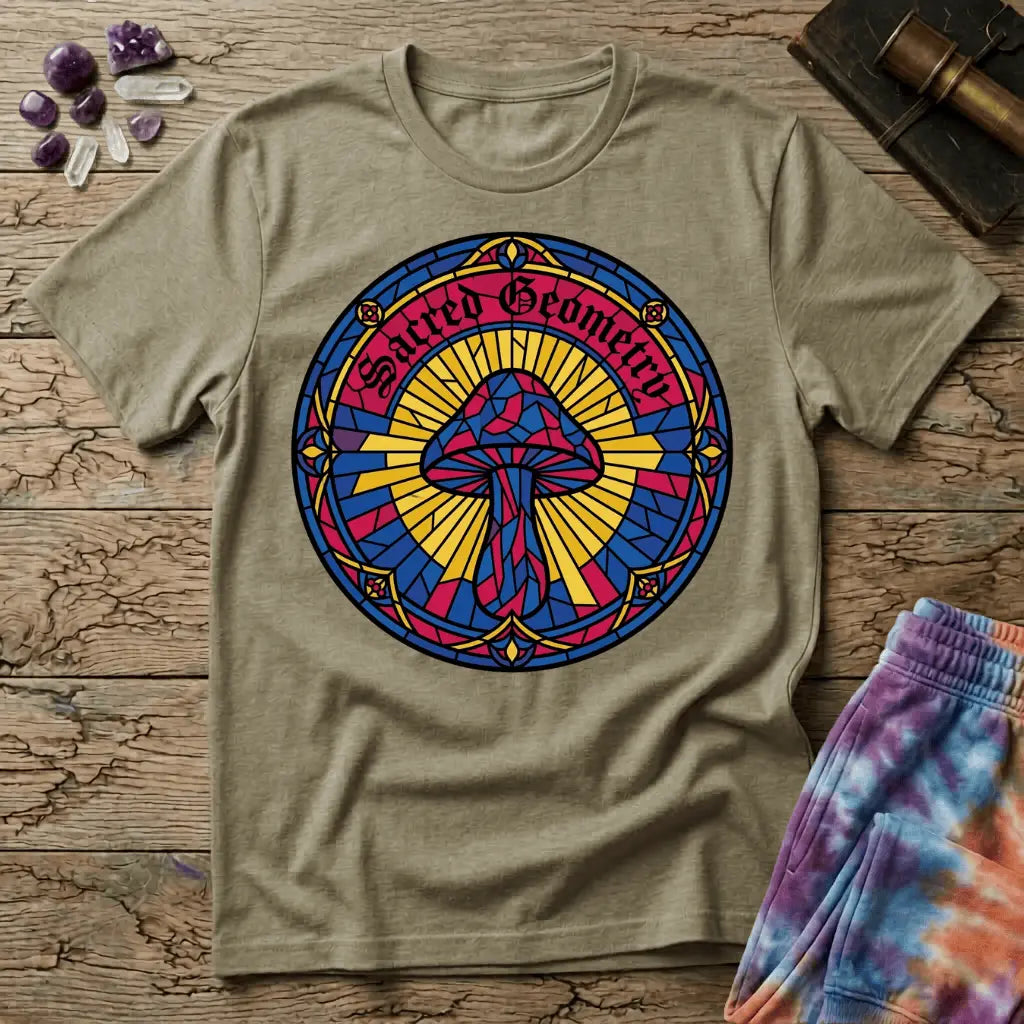 Interlocking sacred geometry patterns wrapping a mushroom cap in a symmetrical design, on a unisex t-shirt