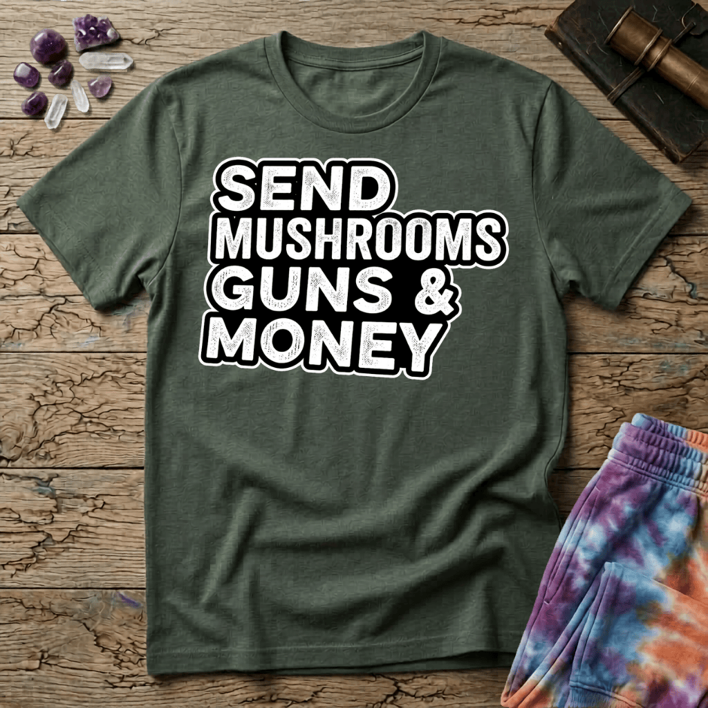 Printify T-Shirt Send Mushrooms Guns & Money Zevon T-Shirt Mushroom Magic Mushroom T-Shirt