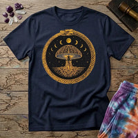 Coiled snake and a glowing moon framing a cluster of mushrooms in mystical nighttime imagery, on a unisex t-shirt