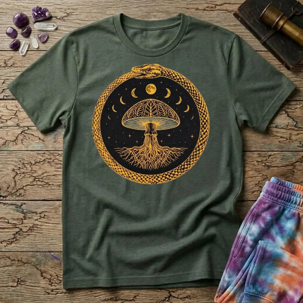 Coiled snake and a glowing moon framing a cluster of mushrooms in mystical nighttime imagery, on a unisex t-shirt