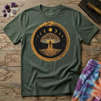 Coiled snake and a glowing moon framing a cluster of mushrooms in mystical nighttime imagery, on a unisex t-shirt
