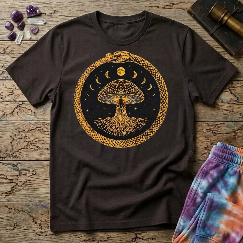 Coiled snake and a glowing moon framing a cluster of mushrooms in mystical nighttime imagery, on a unisex t-shirt