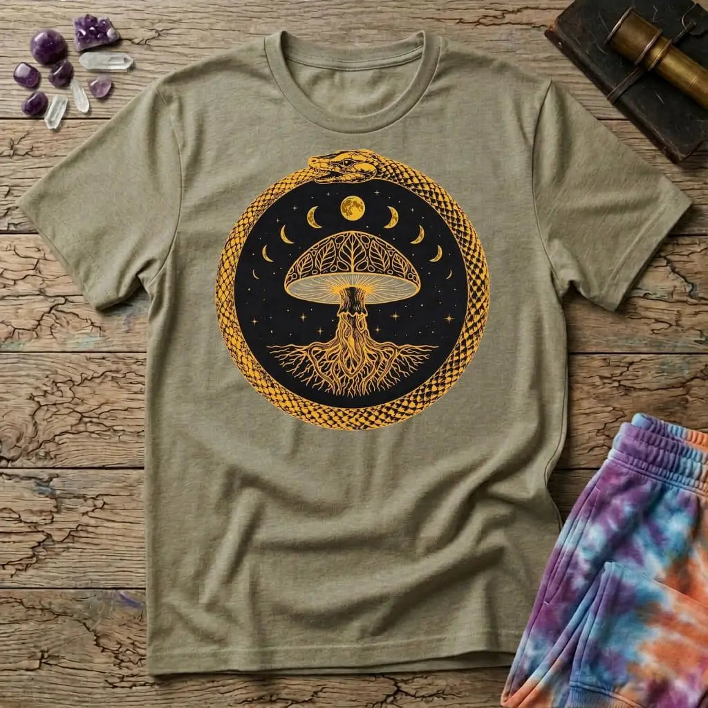 Coiled snake and a glowing moon framing a cluster of mushrooms in mystical nighttime imagery, on a unisex t-shirt