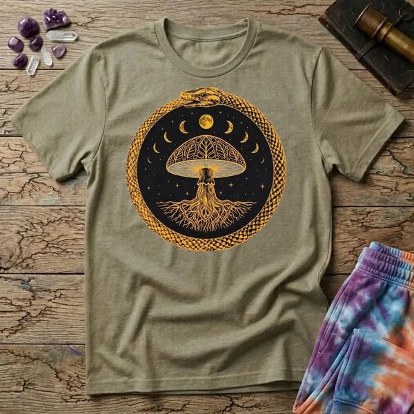 Coiled snake and a glowing moon framing a cluster of mushrooms in mystical nighttime imagery, on a unisex t-shirt