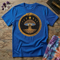 Coiled snake and a glowing moon framing a cluster of mushrooms in mystical nighttime imagery, on a unisex t-shirt