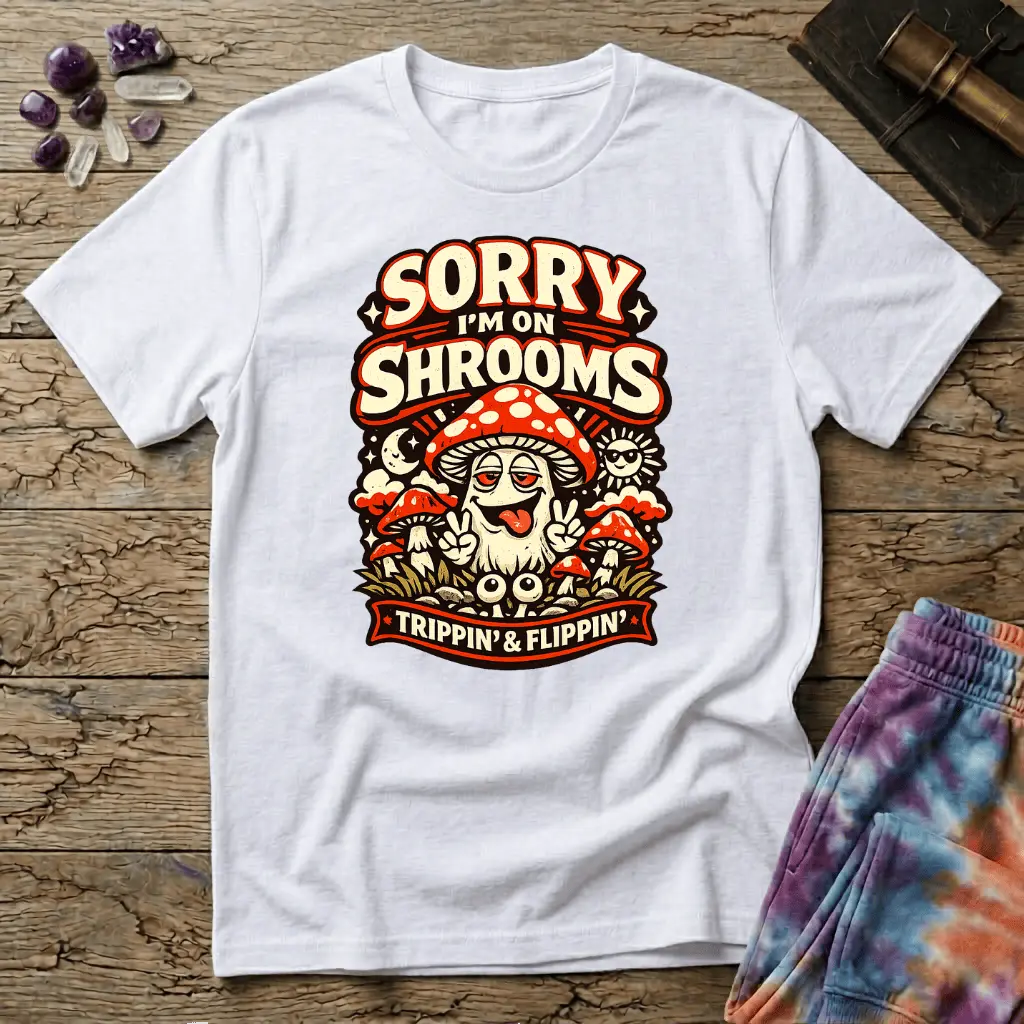 Sorry Im On Shrooms in bold text-only lettering across the chest, on a unisex t-shirt
