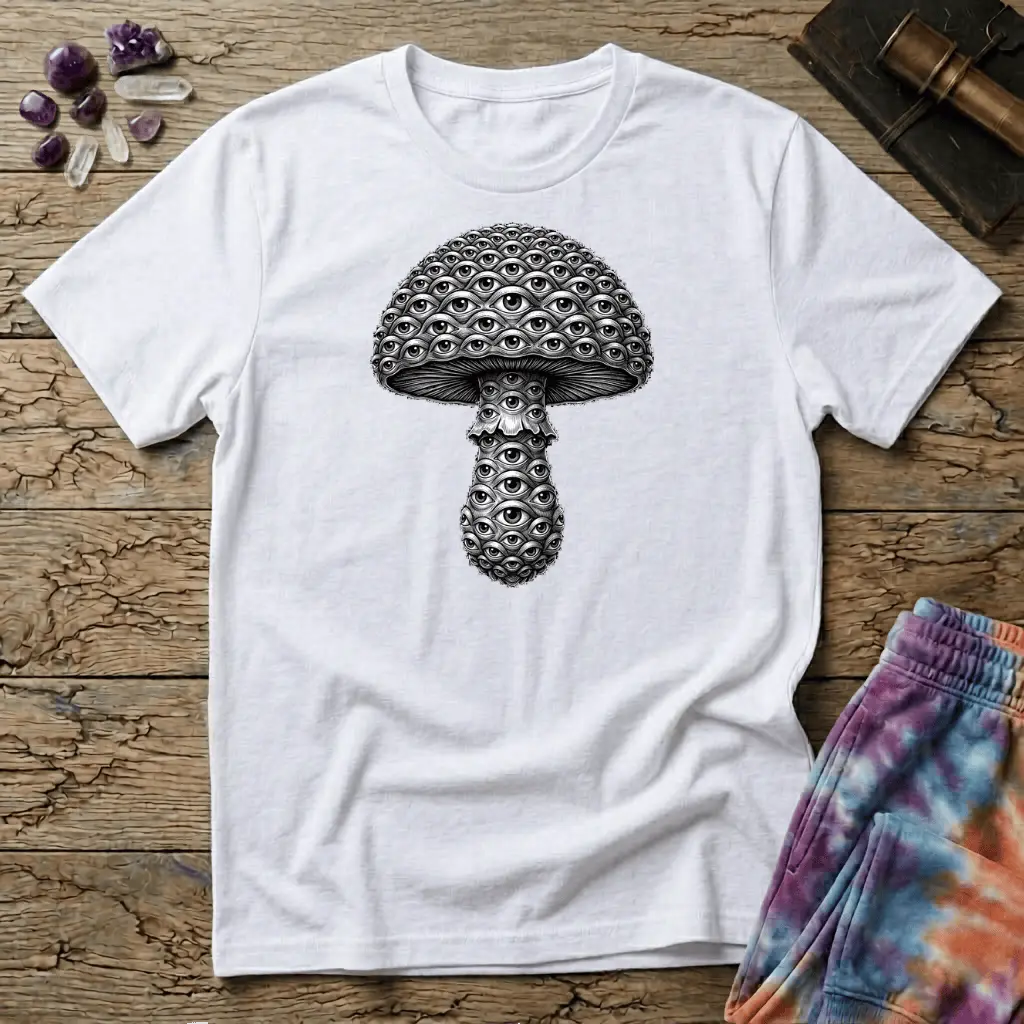 Mushroom engraved in fine silver-grey linework where every scale on the cap and stem is an open eye, on a unisex t-shirt