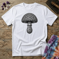 Mushroom engraved in fine silver-grey linework where every scale on the cap and stem is an open eye, on a unisex t-shirt