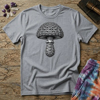 Mushroom engraved in fine silver-grey linework where every scale on the cap and stem is an open eye, on a unisex t-shirt