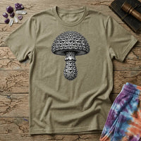 Mushroom engraved in fine silver-grey linework where every scale on the cap and stem is an open eye, on a unisex t-shirt