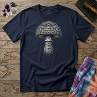 Mushroom engraved in fine silver-grey linework where every scale on the cap and stem is an open eye, on a unisex t-shirt