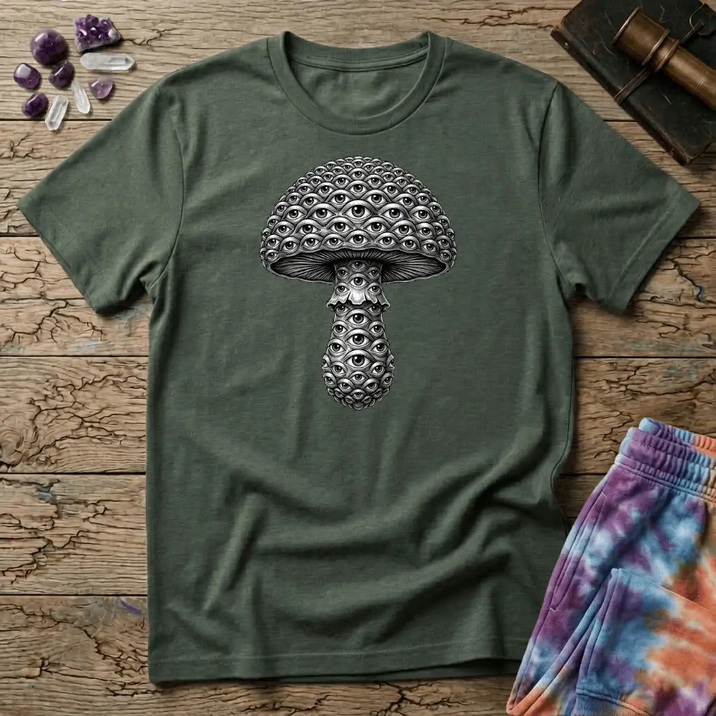 Mushroom engraved in fine silver-grey linework where every scale on the cap and stem is an open eye, on a unisex t-shirt