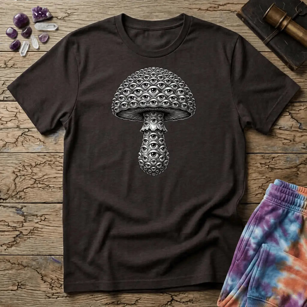 Mushroom engraved in fine silver-grey linework where every scale on the cap and stem is an open eye, on a unisex t-shirt