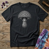 Mushroom engraved in fine silver-grey linework where every scale on the cap and stem is an open eye, on a unisex t-shirt