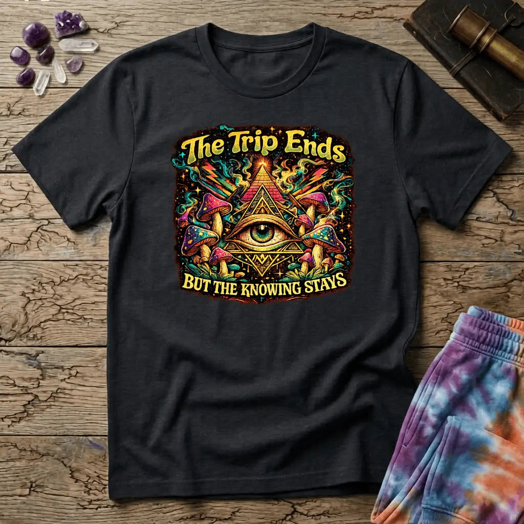 Printify T-Shirt The Trip Ends But The Knowing Stays Too T-Shirt Mushroom Magic Mushroom T-Shirt