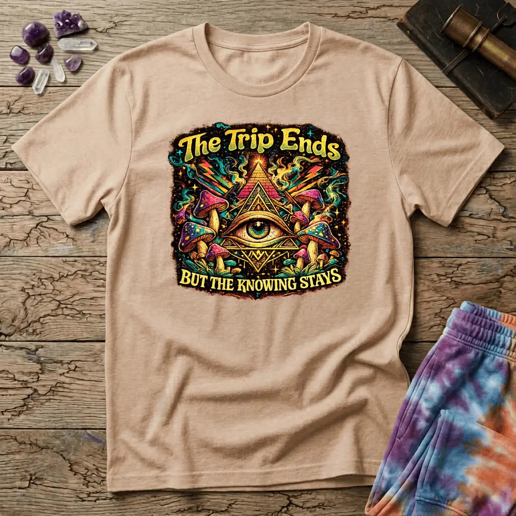 Printify T-Shirt The Trip Ends But The Knowing Stays Too T-Shirt Mushroom Magic Mushroom T-Shirt
