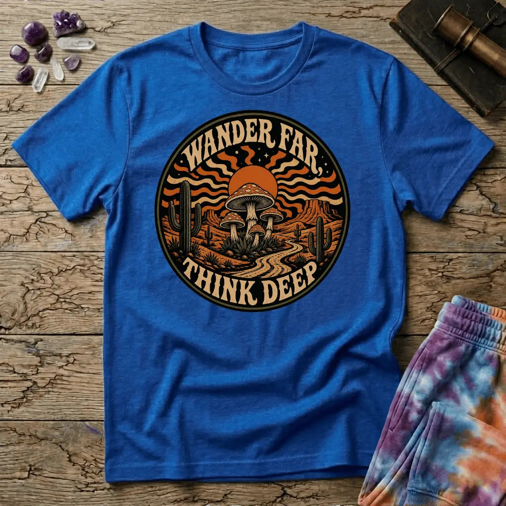 Printify T-Shirt Wander Far Think Deep Mushroom T-Shirt Mushroom Magic Mushroom T-Shirt