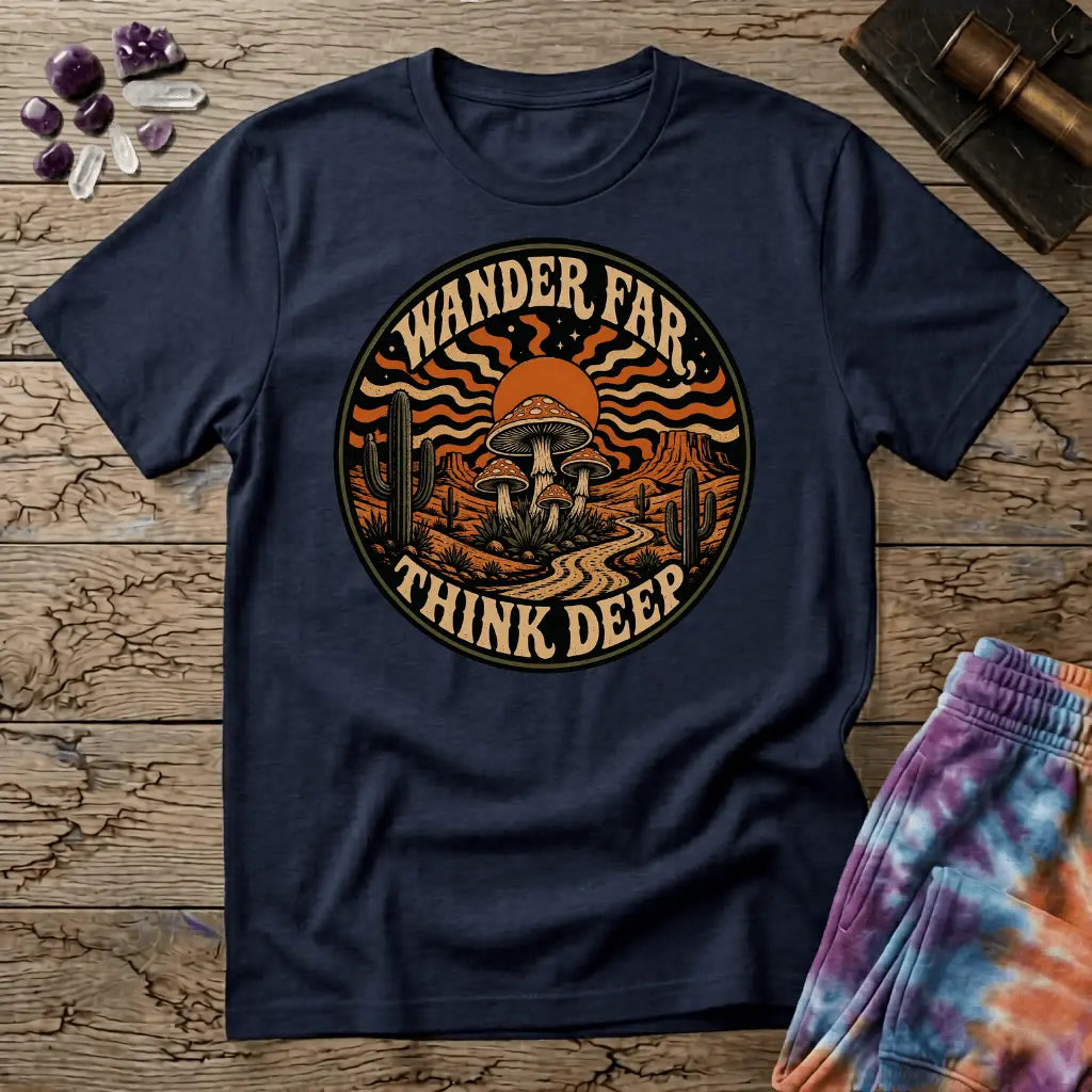 Printify T-Shirt Wander Far Think Deep Mushroom T-Shirt Mushroom Magic Mushroom T-Shirt