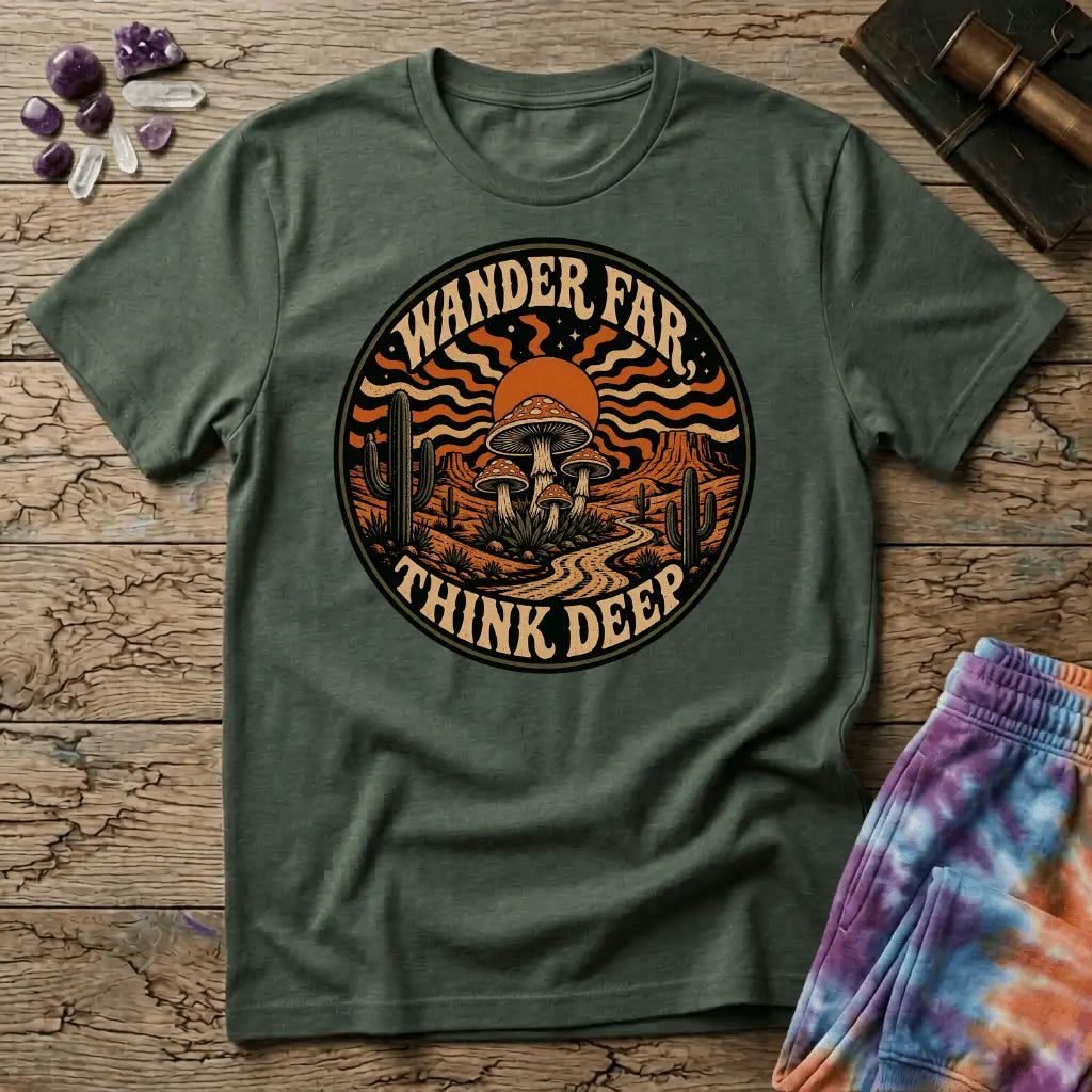 Printify T-Shirt Wander Far Think Deep Mushroom T-Shirt Mushroom Magic Mushroom T-Shirt