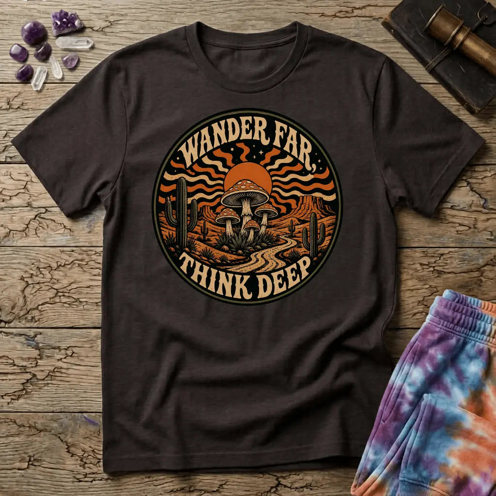 Printify T-Shirt Wander Far Think Deep Mushroom T-Shirt Mushroom Magic Mushroom T-Shirt
