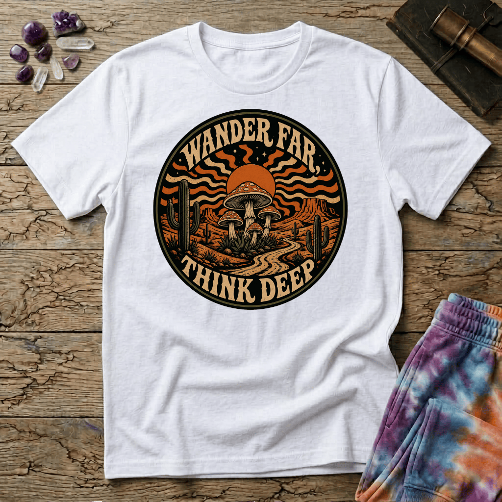 Printify T-Shirt Wander Far Think Deep Mushroom T-Shirt Mushroom Magic Mushroom T-Shirt