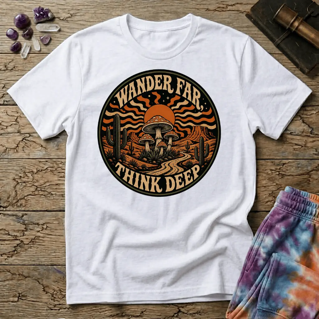 Printify T-Shirt Wander Far Think Deep Mushroom T-Shirt Mushroom Magic Mushroom T-Shirt