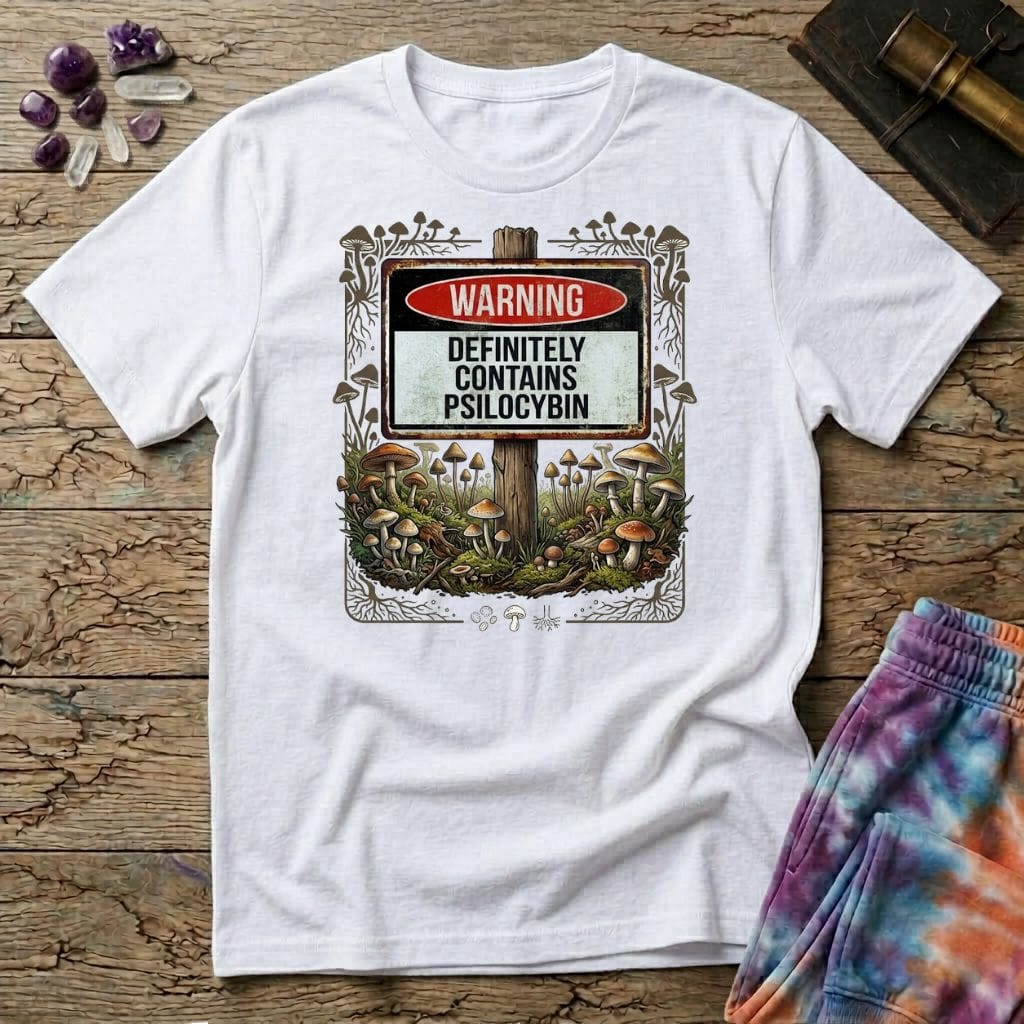 Printify T-Shirt Warning Definitely Contains Psilocybin Mushroom T-Shirt Mushroom Magic Mushroom T-Shirt