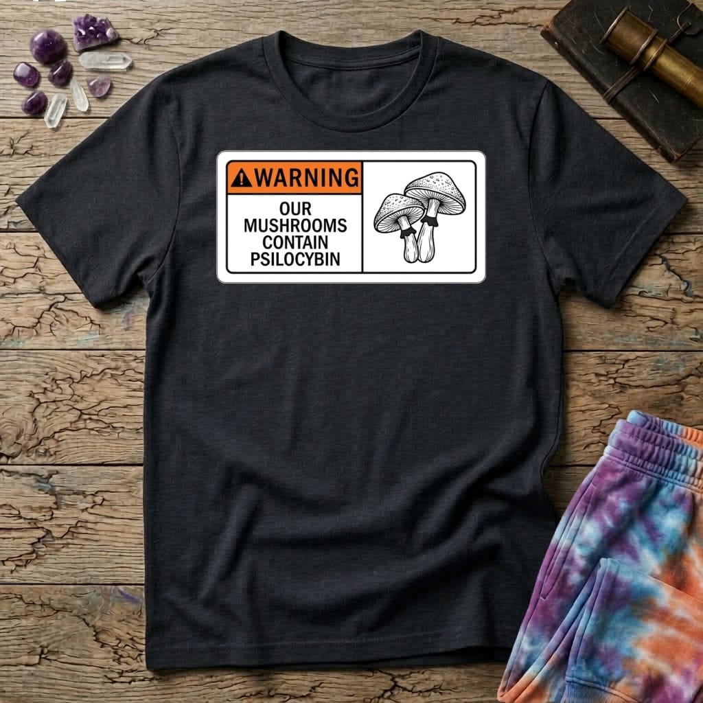 Printify T-Shirt Warning Our Mushrooms Contain Psilocybin T-Shirt Mushroom Magic Mushroom T-Shirt